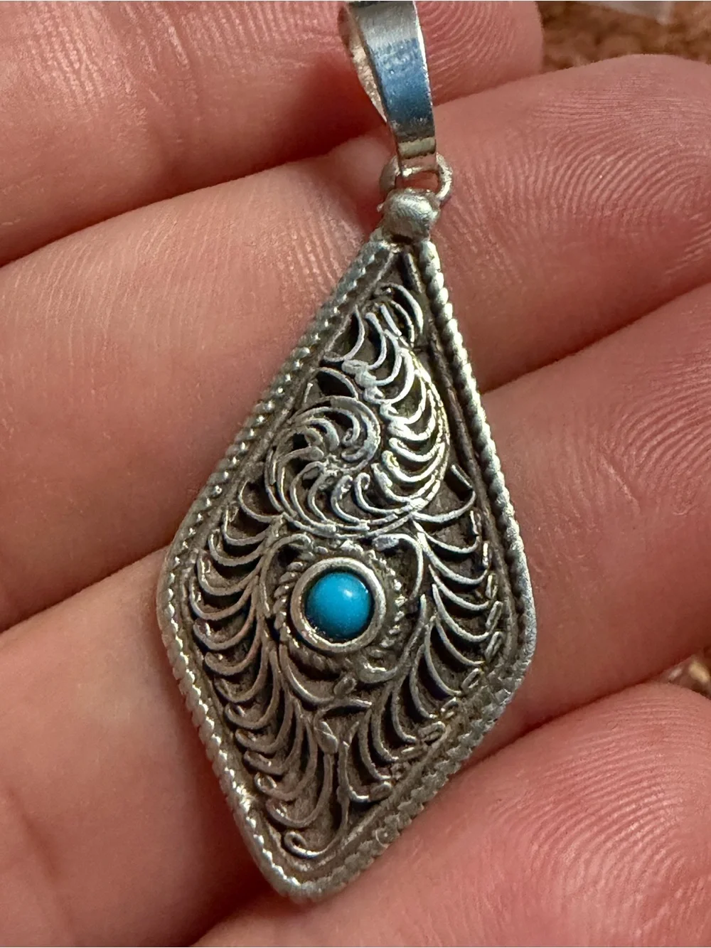 Intricate Filigree Teardrop Pendant with Turquoise Accent 925 Sterling silver